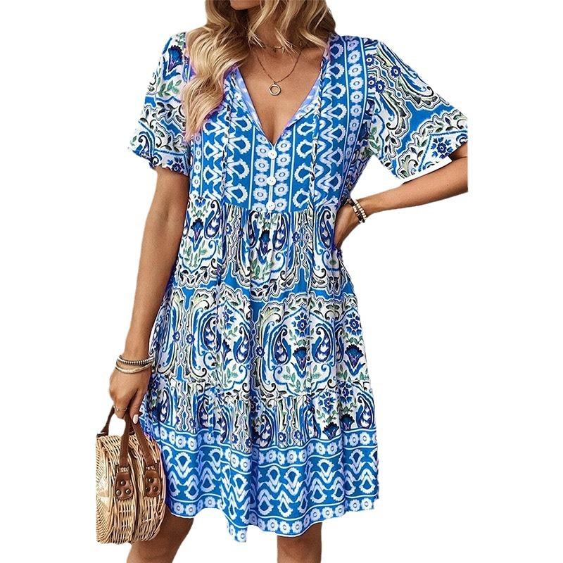 Dresses | Royal Blue Aztec Print Frill Smock Dress  –  Womens Clothing Dresses