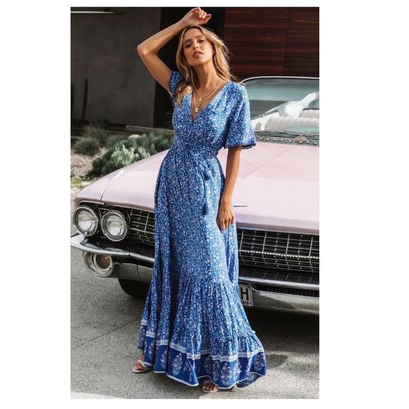 Dresses | Royal Blue Paisley Frilled Border Print Maxi Dress  –  Womens Clothing Dresses