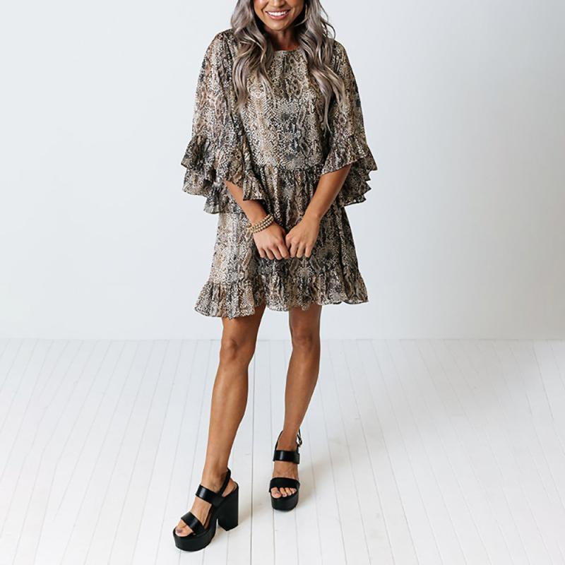 Dresses | Taupe Petite Animal Print Tiered Frill Hem Dress  –  Womens Clothing Dresses