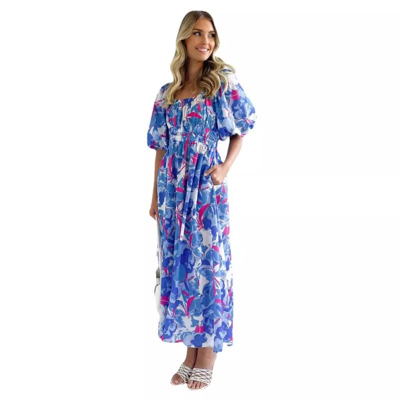 Dresses | Turquoise Petite Floral Stretch Tiered Maxi Dress  –  Womens Clothing Dresses