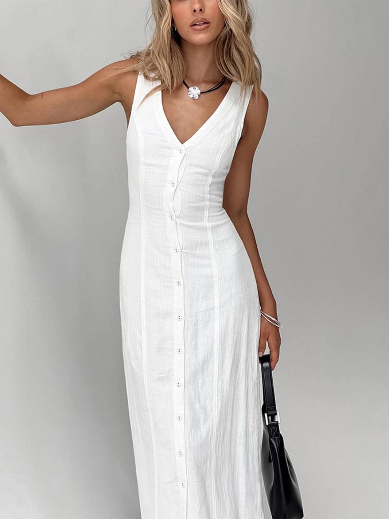 Dresses | White Button Detail Cotton Midi Dress  –  Womens Clothing Dresses