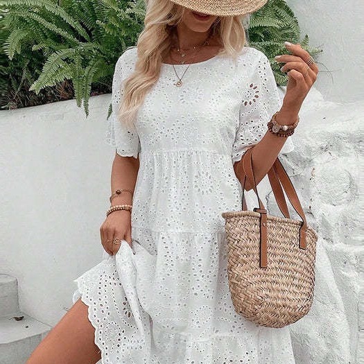 Dresses | White Embroidered Tiered Cotton Smock Dress  –  Womens Clothing Dresses