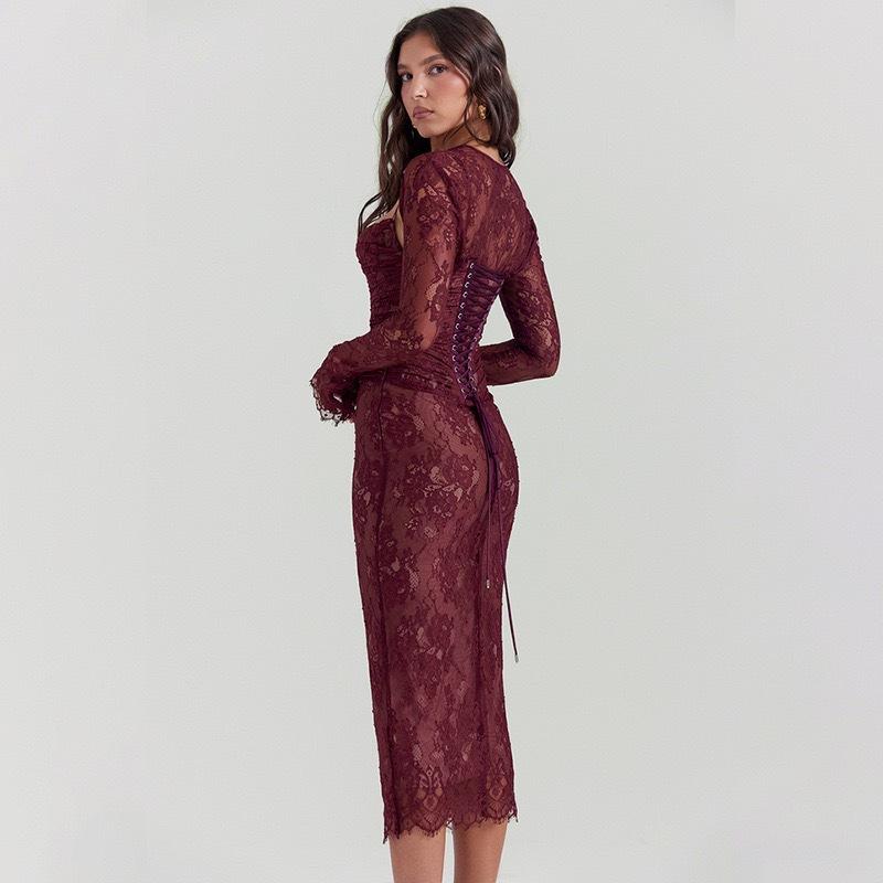 Dresses | Wine Sequin Lace Ruched Stretch Dress  –  Womens Clothing Dresses