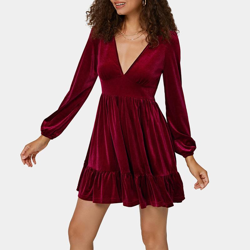 Dresses | Wine  V-Neck Velvet Mini Dress  –  Womens Clothing Dresses