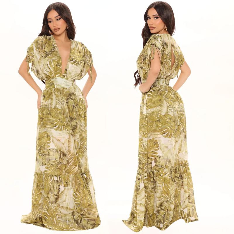 Dresses | Yellow Leaf Print Cold Shoulder Chiffon Maxi Dress  –  Womens Clothing Dresses