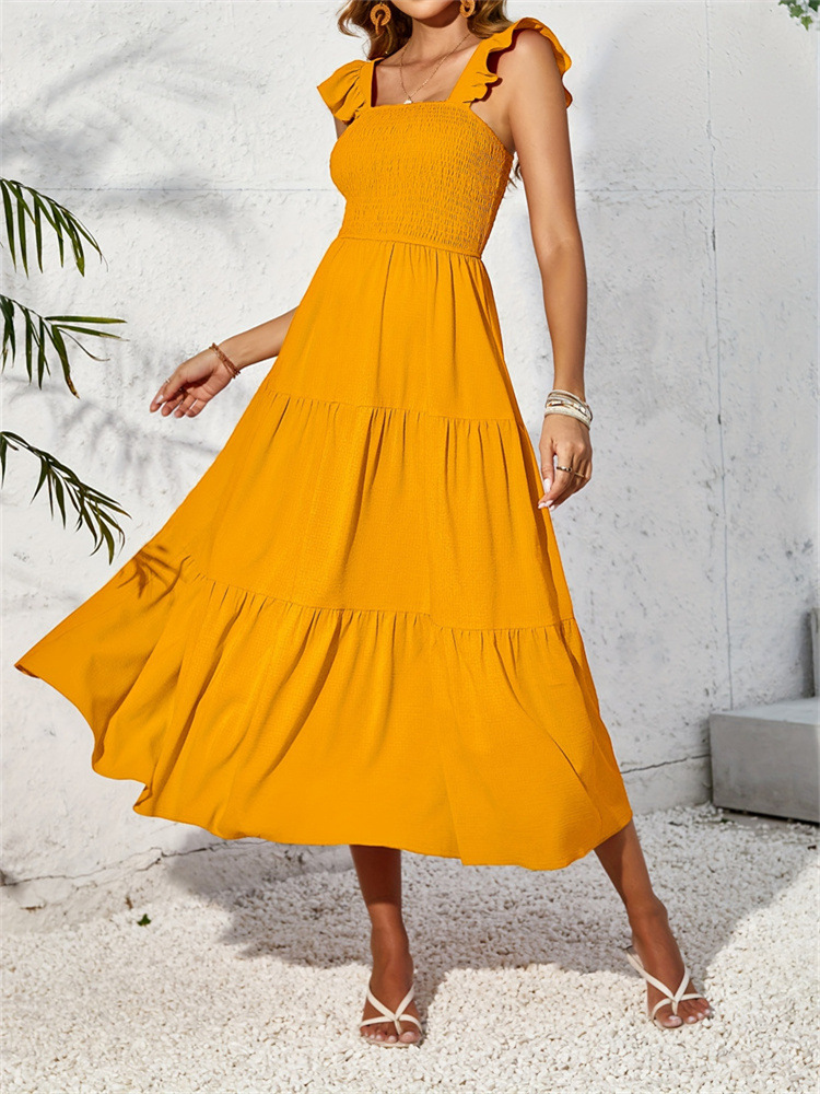 Dresses | Yellow Shirred Bodice Frill Detail Midi Dress  –  Womens Clothing Dresses