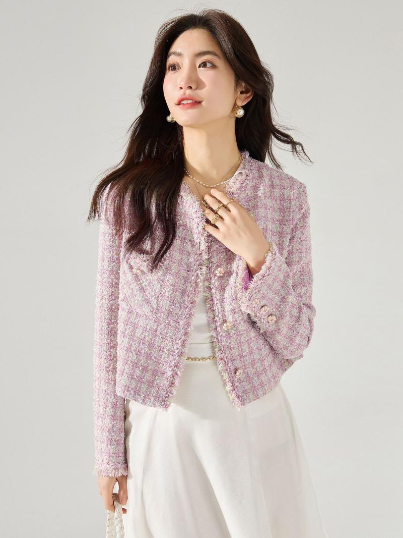 Jackets | Pink Frayed Edge Boucle Check Jacket  –  Womens Clothing Jackets