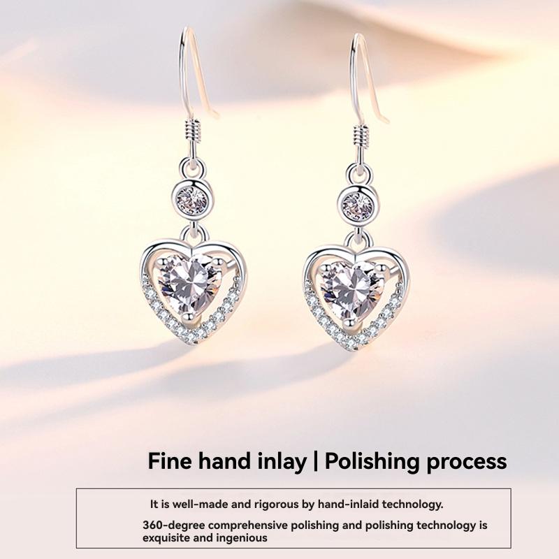 Jewellery | Silver Sterling Silver Double Cubic Zirconia Heart Drop Earrings  –  Womens Accessories Jewellery