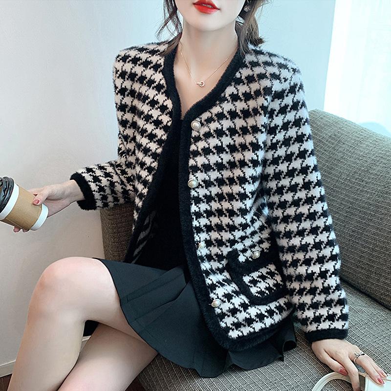 Knitwear | Black Houndstooth Button Cardigan  –  Womens Clothing Black