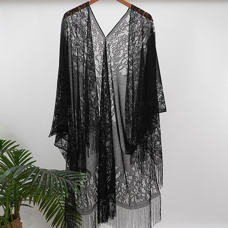 Knitwear | Black Lace Longline Fringed Cardigan  –  Womens Clothing Black