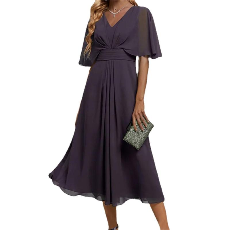 Occasionwear | Navy  V-Neck Chiffon Pleated Dress  –  Womens Clothing Navy