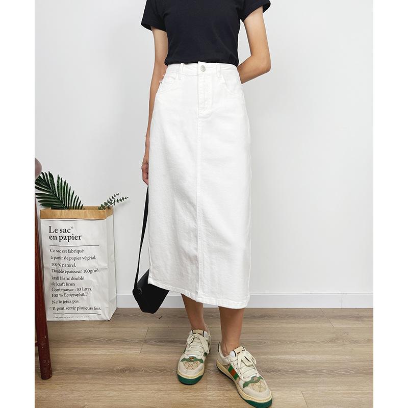 Skirts | White Cotton Blend Denim Stretch Midi Skirt  –  Womens Clothing Skirts