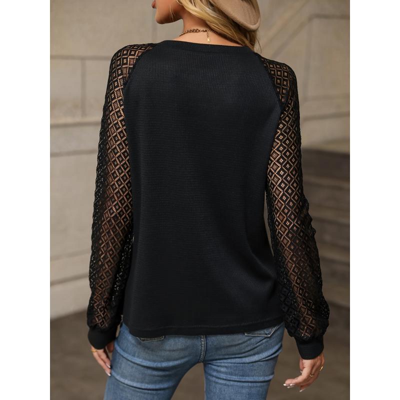 Tops | Black Contrast Lace Puffed Sleeve Top  –  Womens Clothing Black