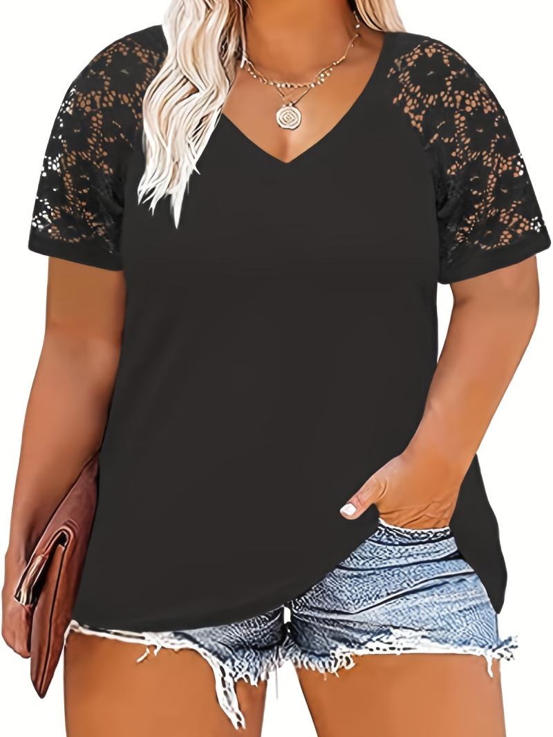 Tops | Black Curve Lace Trim T-Shirt  –  Womens Clothing Black