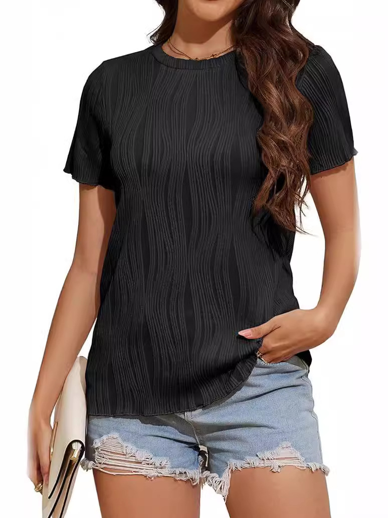 Tops | Black Curve Textured Frill Detail Stretch T-Shirt  –  Womens Clothing Black