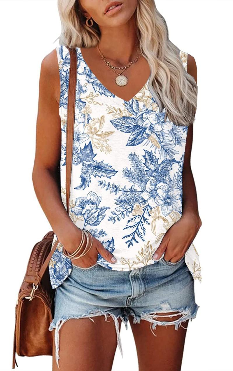 Tops | Blue Curve Floral Print V-Neck Tunic Vest Top  –  Womens Clothing Blue