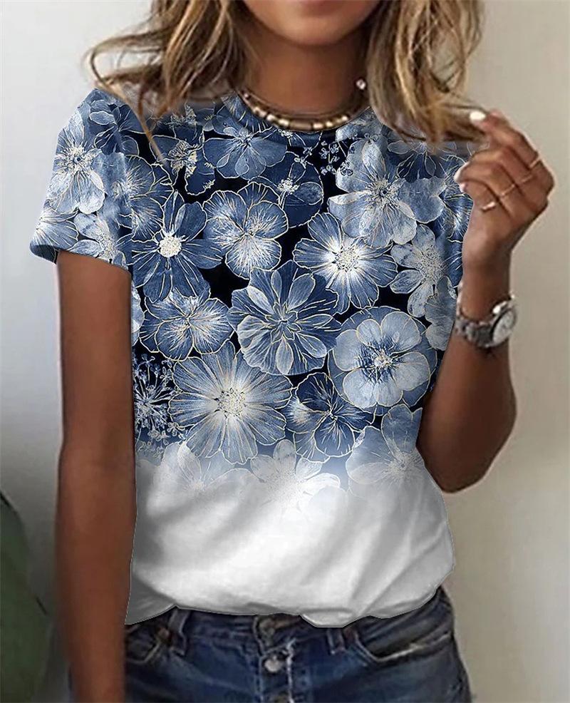 Tops | Blue Floral Print Lace Trim Stretch T-Shirt  –  Womens Clothing Blue