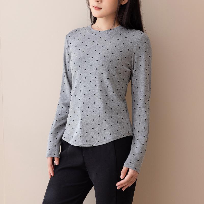 Tops | Grey Polka Dot Print Pocket Stretch Top  –  Womens Clothing Grey