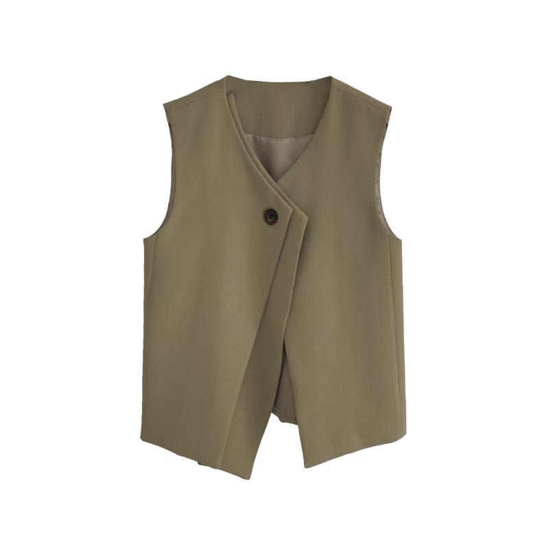 Tops | Khaki Pleat Front Button Detail V-Neck Vest  –  Womens Clothing KHAKI