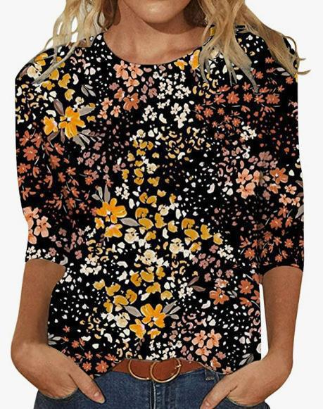 Tops | Orange Floral Print Jersey Tunic Top  –  Womens Clothing ORANGE