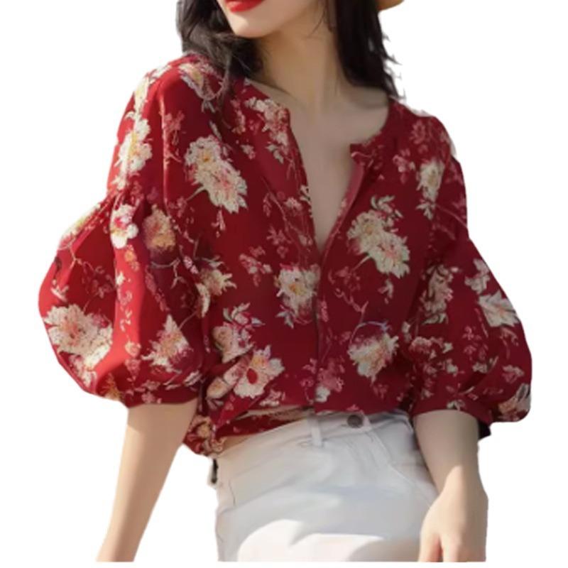 Tops | Red Floral Print Textured V-Neck Top  –  Womens Clothing Red