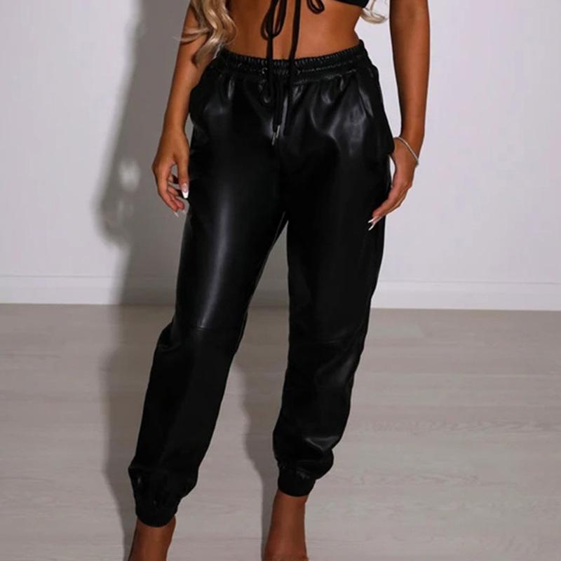 Trousers | Black Faux Leather Cuffed Elastic Waist Joggers  –  Womens Clothing Black