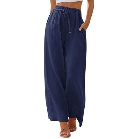 Trousers | Blue Petite Linen Mix Wide Cropped Trousers  –  Womens Clothing Blue