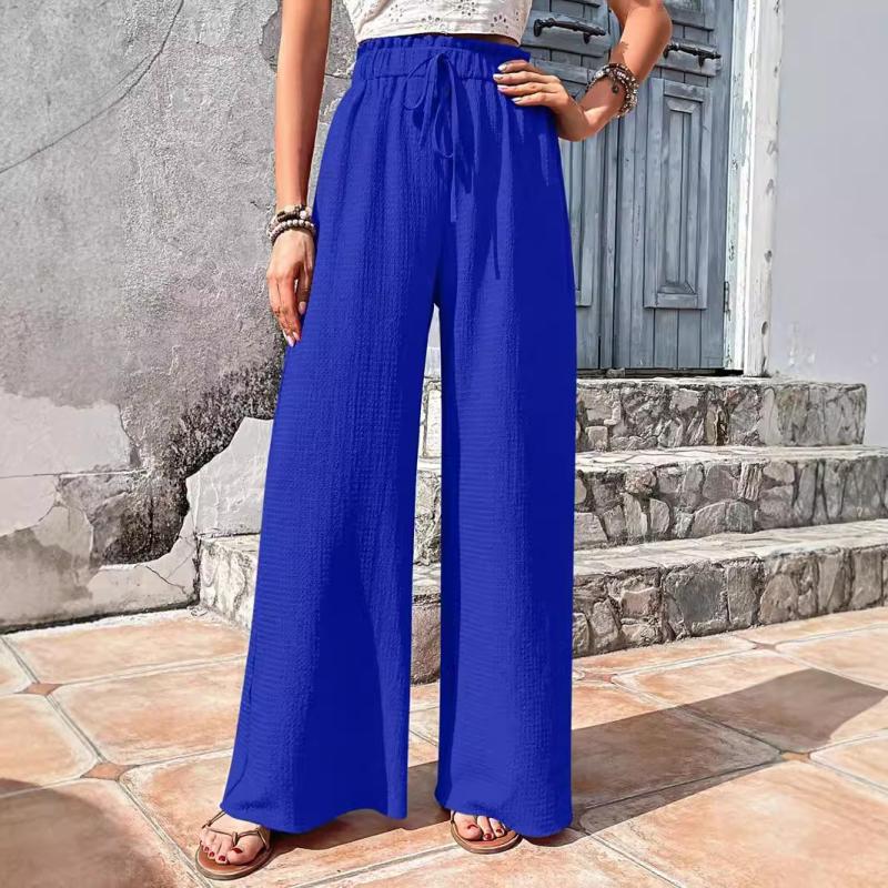 Trousers | Blue Textured Cotton Elastic Waist Culotte Trousers  –  Womens Clothing Blue