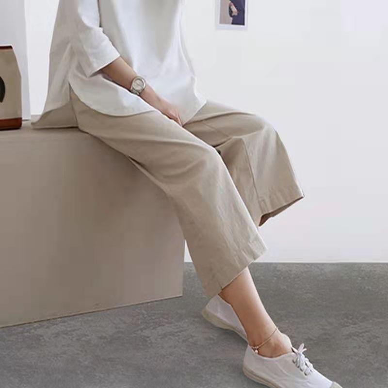 Trousers | Natural Elastic Waist Wide Leg Cotton Cropped Culottes  –  Womens Clothing Natural