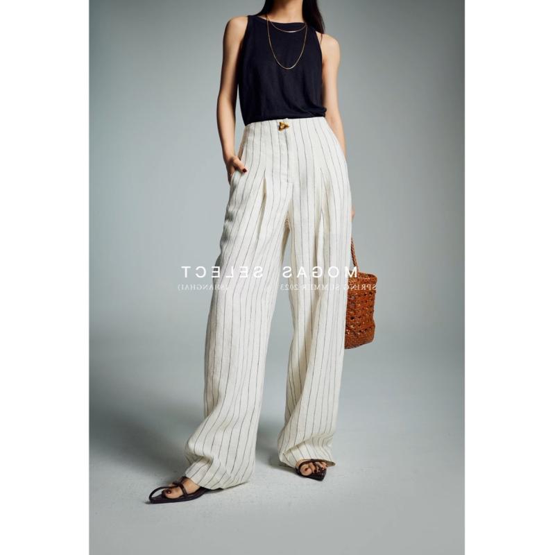 Trousers | Natural Petite Linen Blend Stripe Trousers  –  Womens Clothing Natural