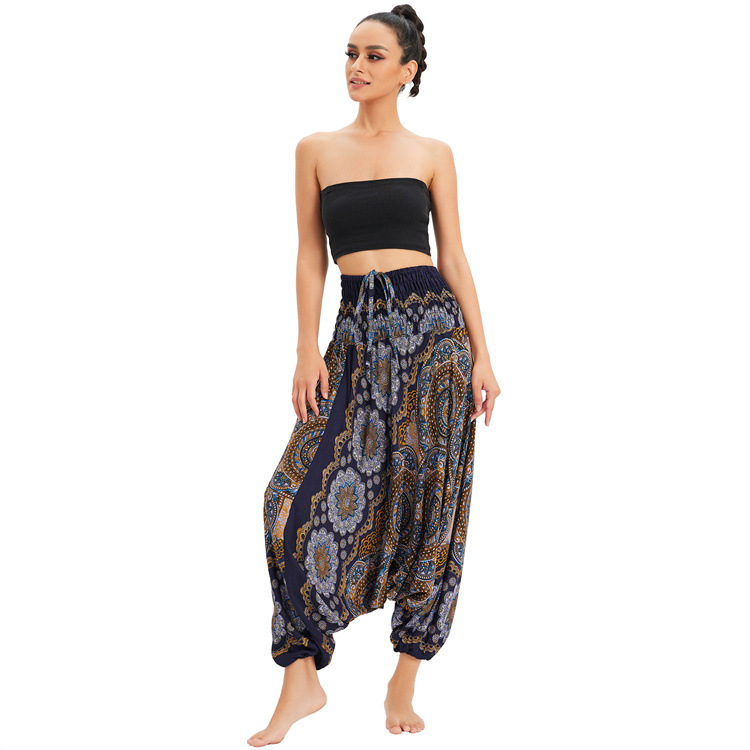 Trousers | Navy Paisley Shirred Elastic Waist Hareem Trousers  –  Womens Clothing Navy