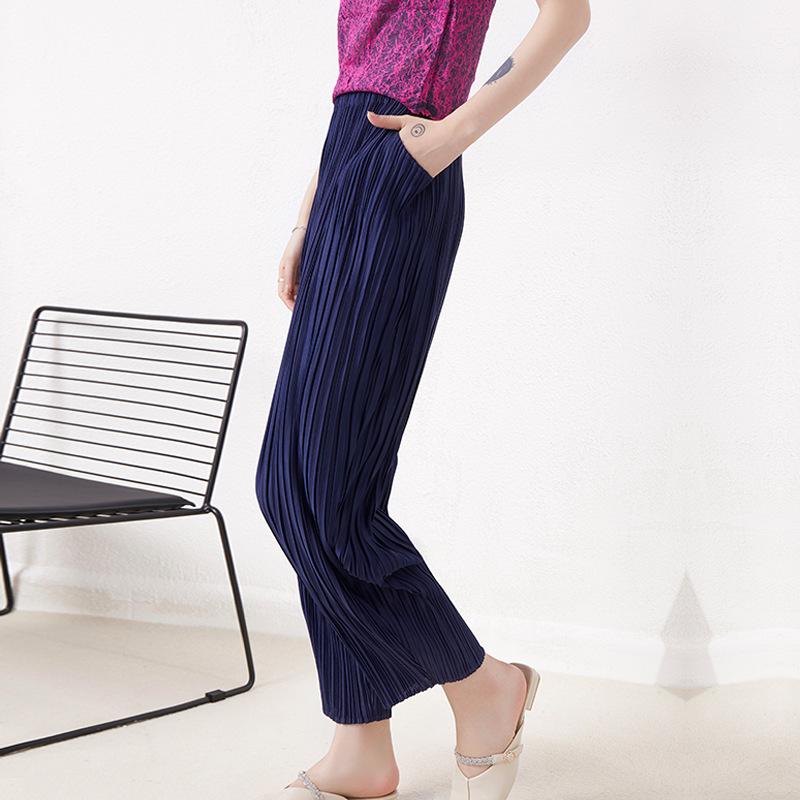 Trousers | Navy Petite Pleated Elastic Waist Wide Leg Trousers  –  Womens Clothing Navy