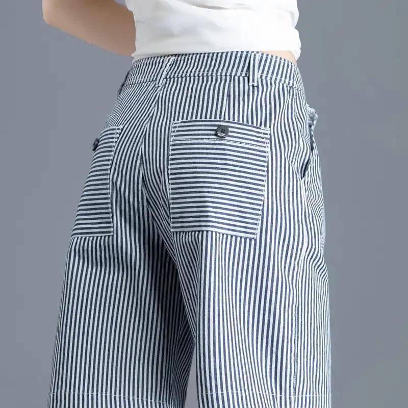 Trousers | Navy Striped Elastic Waist Wide Leg Trousers  –  Womens Clothing Navy