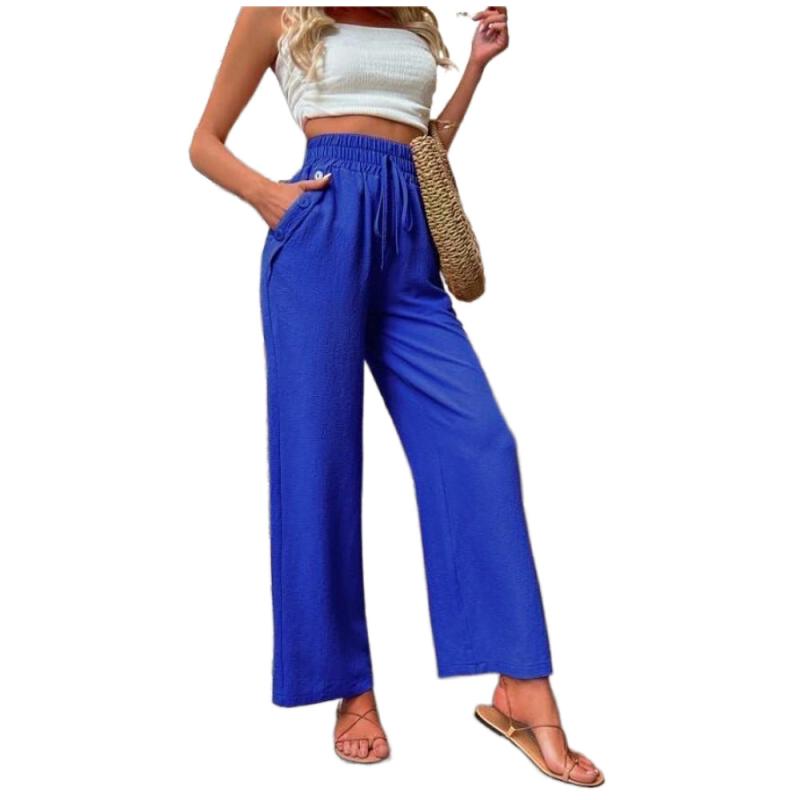 Trousers | Royal Blue Linen Blend Elastic Waist Wide Leg Trousers  –  Womens Clothing Royal Blue