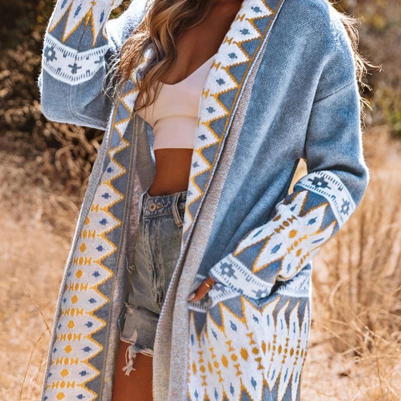 Knitwear | Denim Patterned Belted Knit Cardigan  –  Womens Clothing Denim