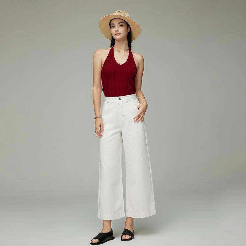 Trousers | Red Elastic Waist Wide Leg Cropped Denim Culottes  –  Womens Clothing Red